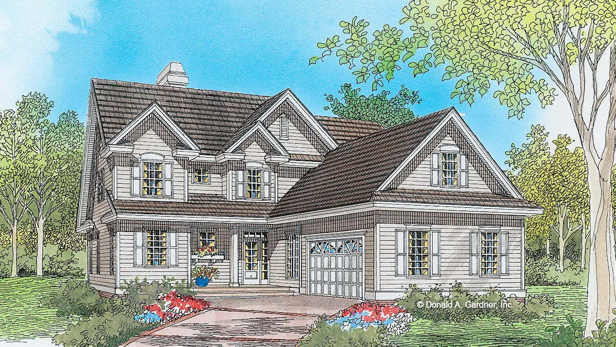 This is an illustration of the front of narrow lot house plan 869 The Denmark