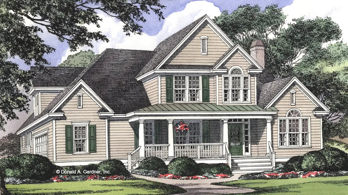 This is an illustration of the front of two story house plan 1032 The Derbyville