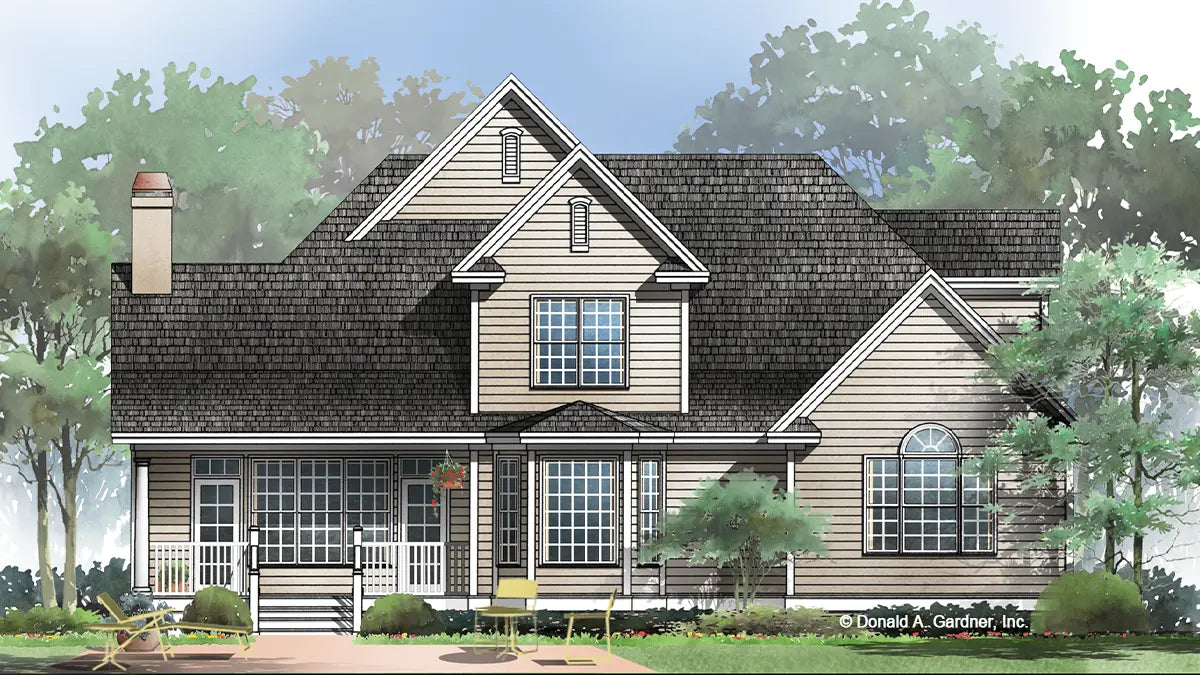 This is an illustration of the rear of four bedroom house plan 1032 The Derbyville