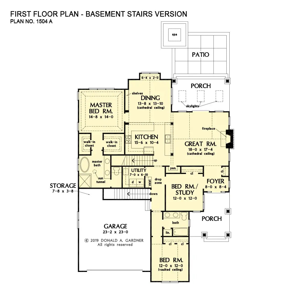 This is the first floor plan image for cottage house plan 1504 The Dermot if the home is built over a basement