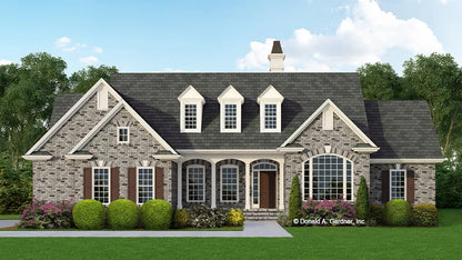 Front view illustration with brick and dormers. The Devon plan 473.