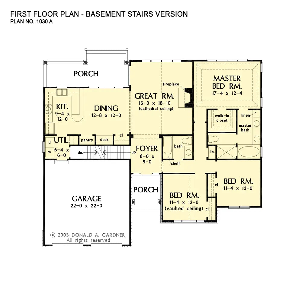 This is the first floor plan image for ranch house plan 1030 The Dewfield if the home is built over a basement