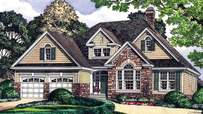 This is an illustration of the front of small house plan 1030 The Dewfield