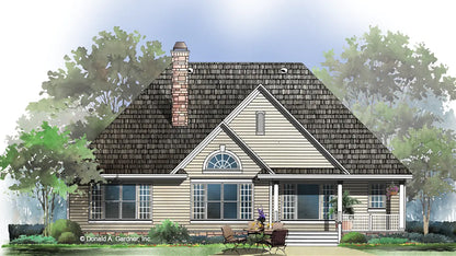 This is an illustration of the rear of ranch house plan 1030 The Dewfield