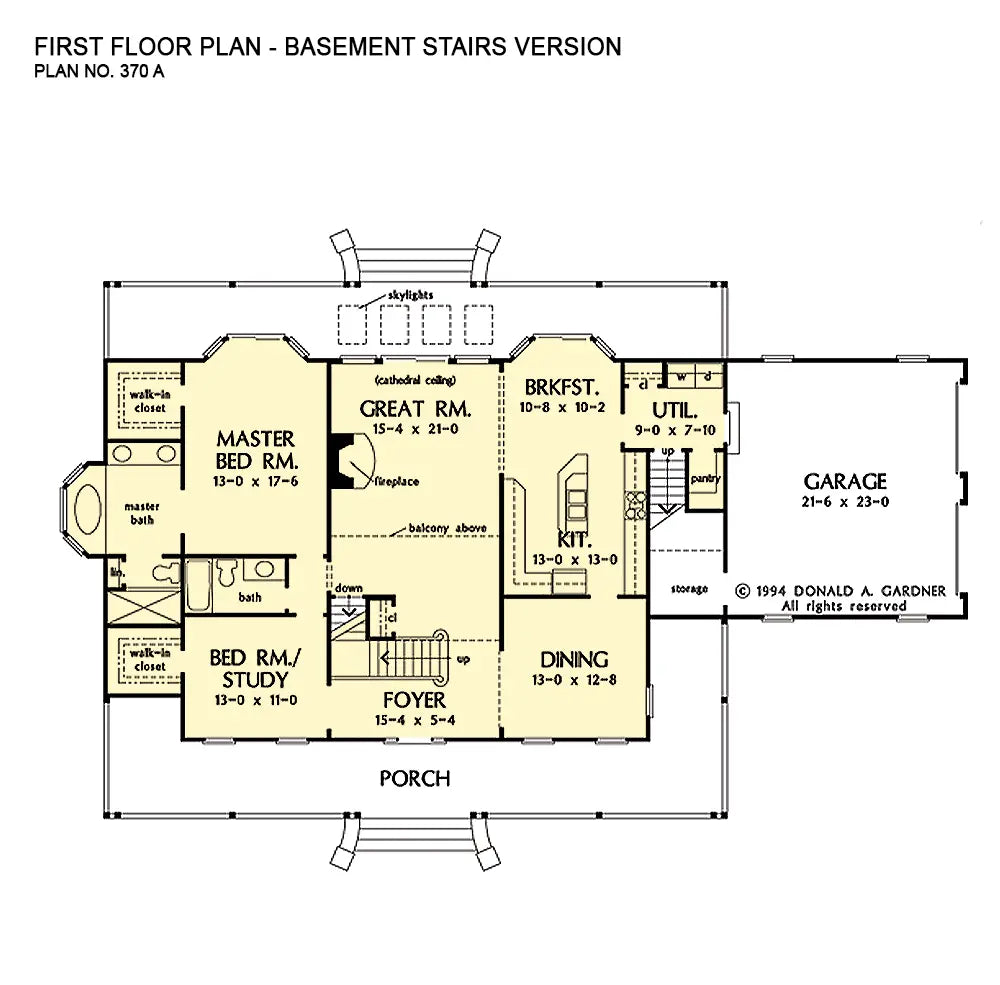 This is the first floor plan image for farmhouse house plan 370 The Dobbins if the home is built over a basement