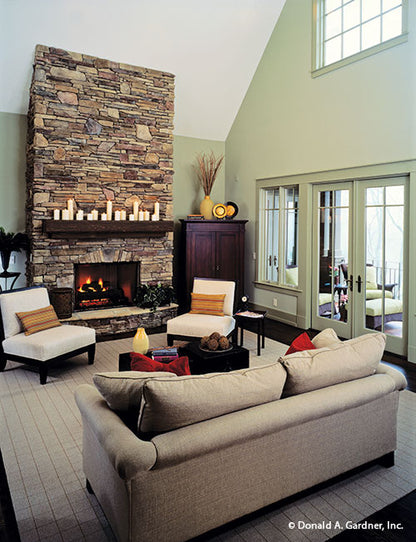 Stone fireplace in the great room. The Dogwood Ridge plan 5005.