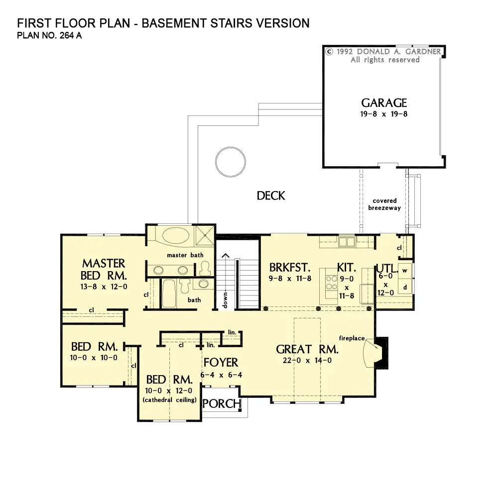 This is the first floor plan image for country house plan 264 The Dogwood if the home is built over a basement