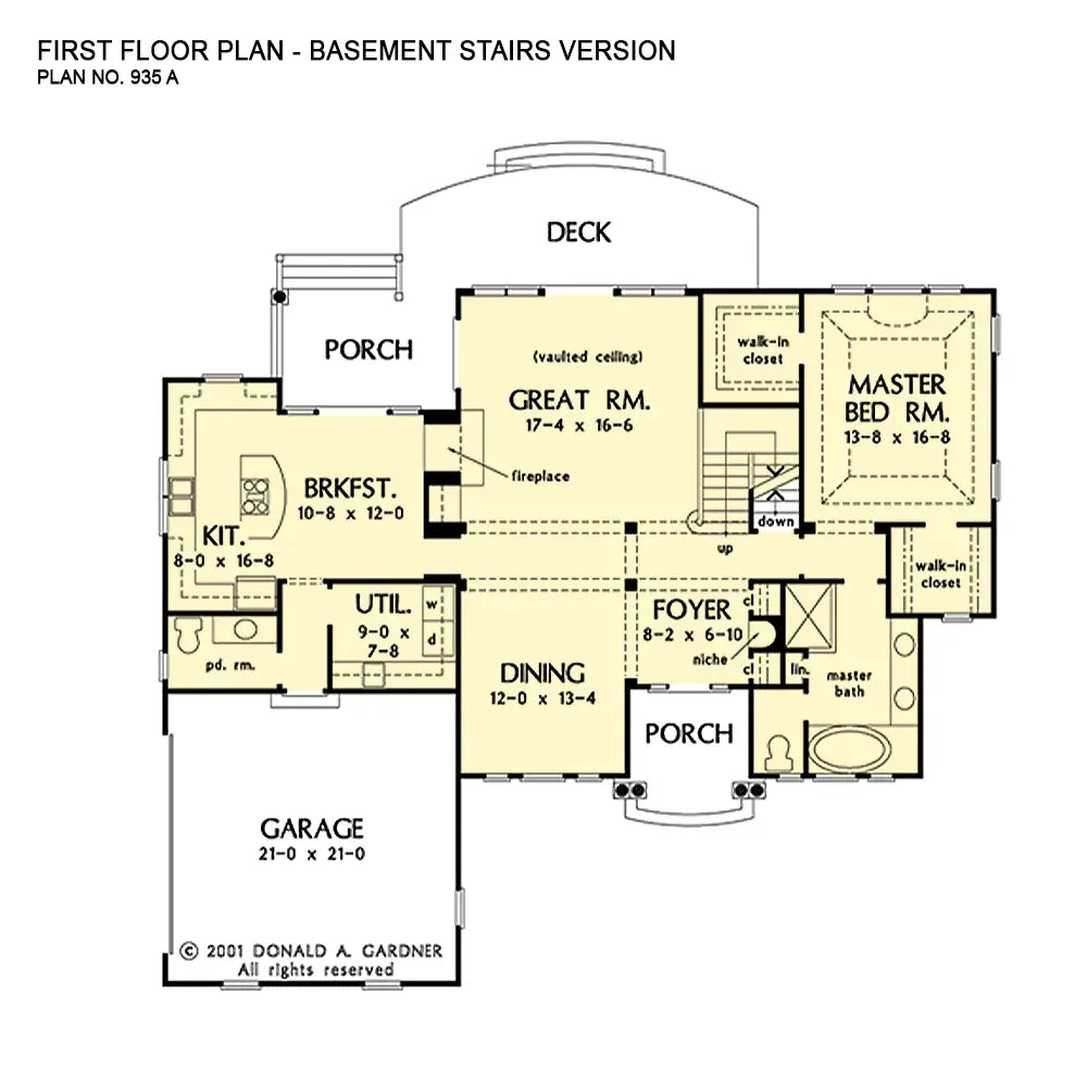 This is the first floor plan image for two story house plan 935 The Dorchester if the home is built over a basement