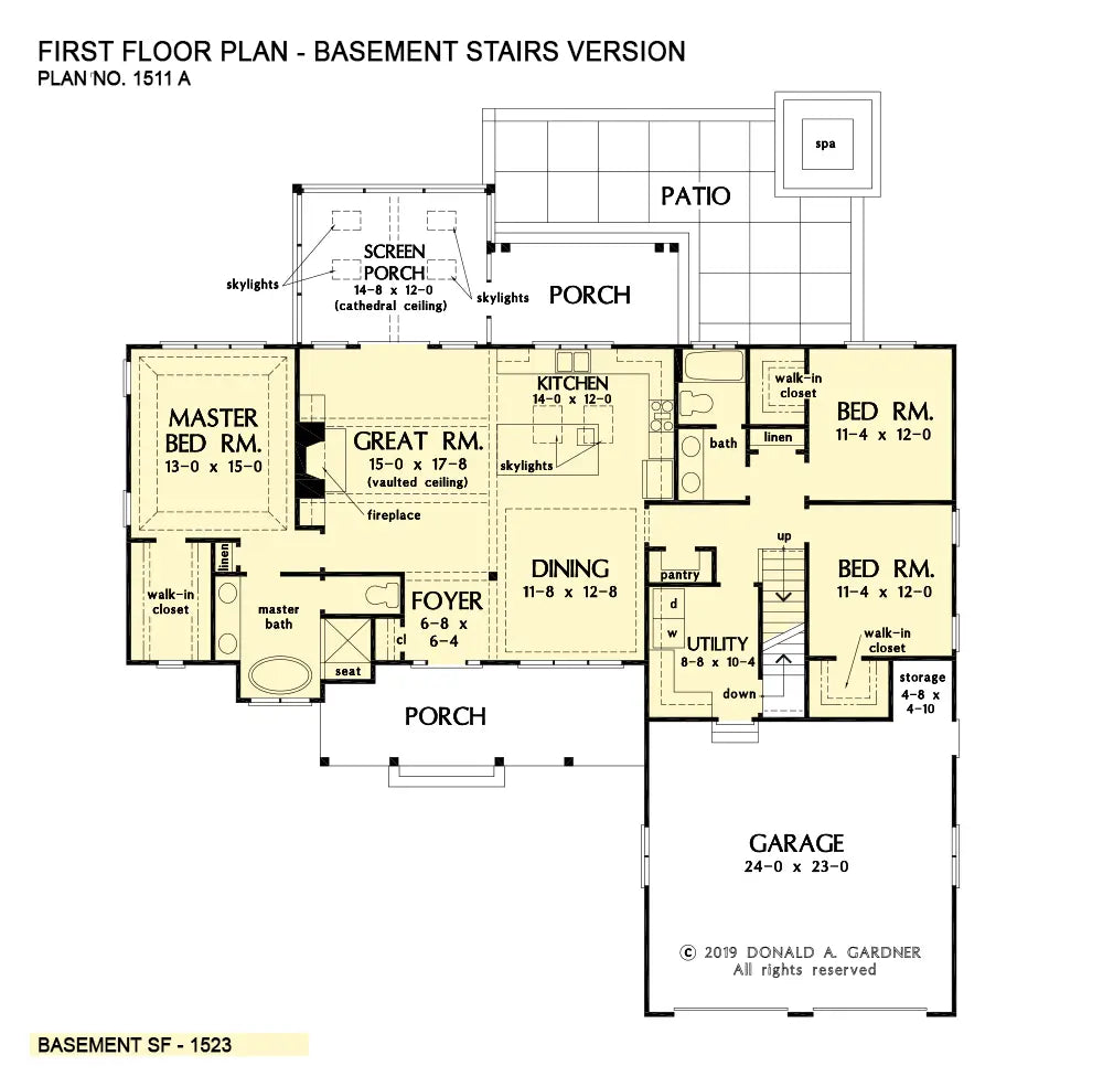 This is the first floor plan image for one story house plan 1511 The Dorien if the home is built over a basement