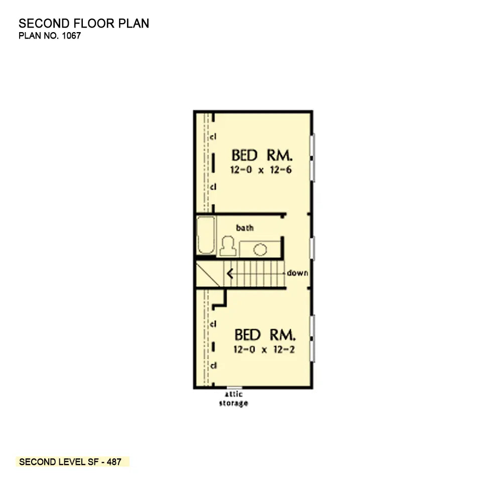 second floor has two bedrooms and a shared bath along with attic access