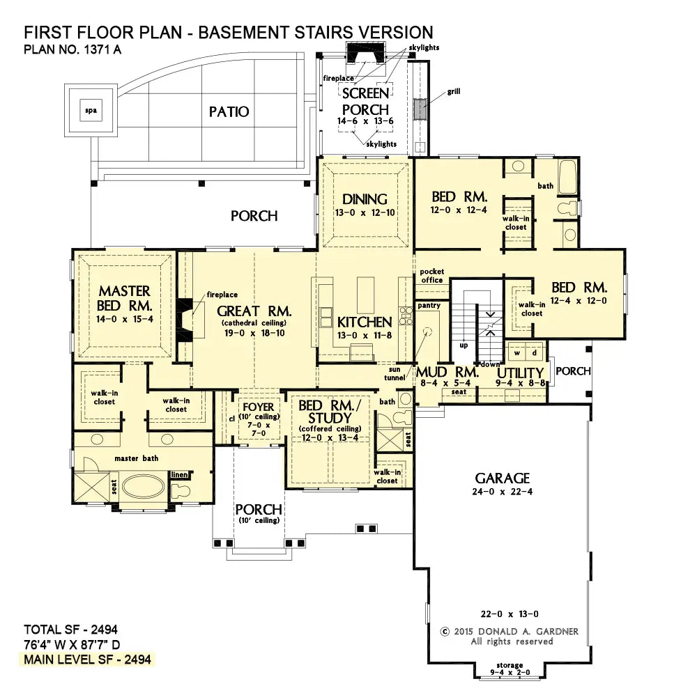 This is the first floor plan image for house plan 1371 The Drake if the home is built over a basement