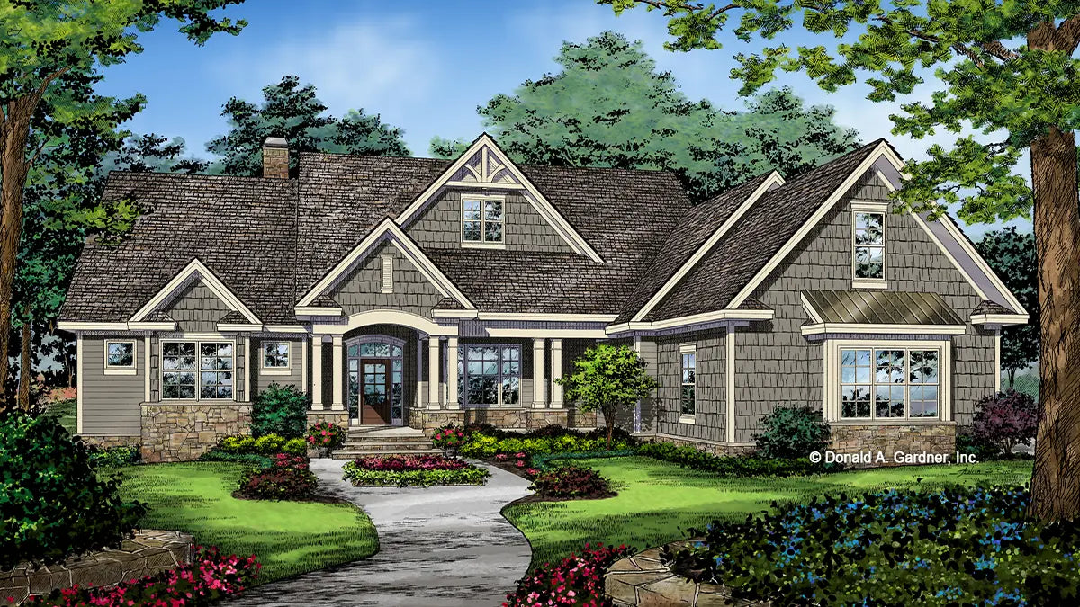 This is an illustration of the front of Craftsman Ranch house plan 1371 The Drake