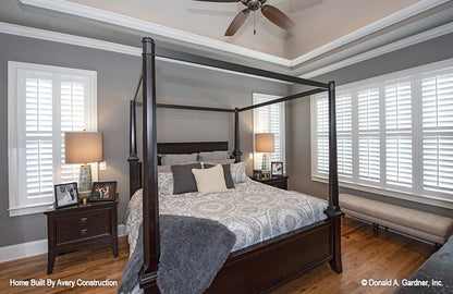 Tray ceiling and ceiling fan in the master bedroom. The Drayton Hall plan 1238.