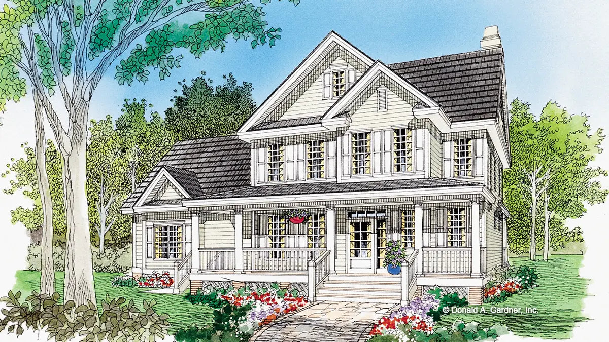 This is an illustration of the front of two story house plan 841 The Drysdale