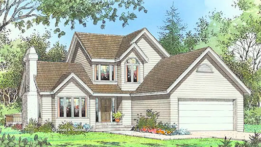 This is an illustration of the front of contemporary house plan 201 The Dunkirk