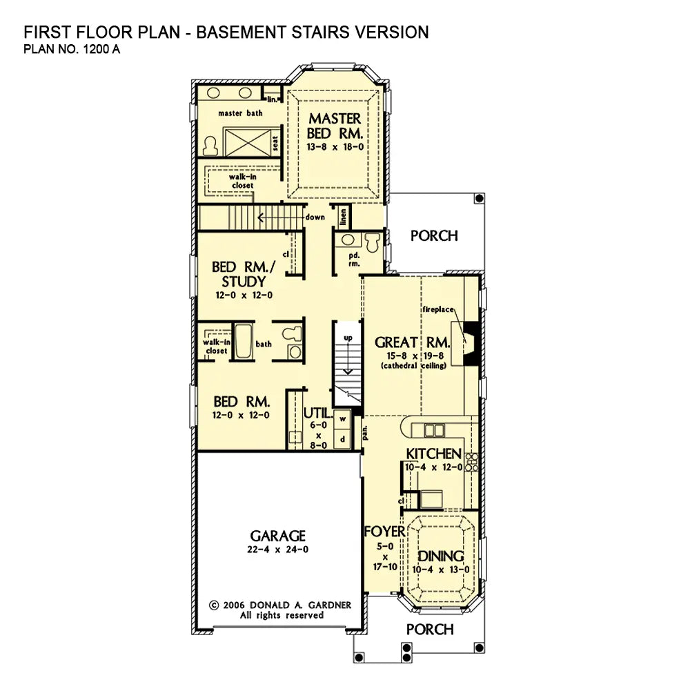 This is the first floor plan image for simple house plan 1200 The Dupree if the home is built over a basement