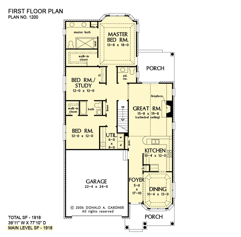 This is the first floor plan image for narrow lot house plan 1200 The Dupree