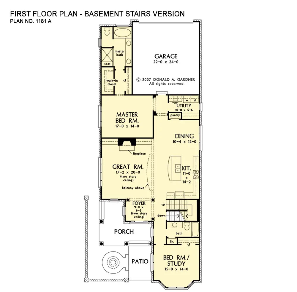 This is the first floor plan image for five bedroom house plan 1181 The Durham if the home is built over a basement