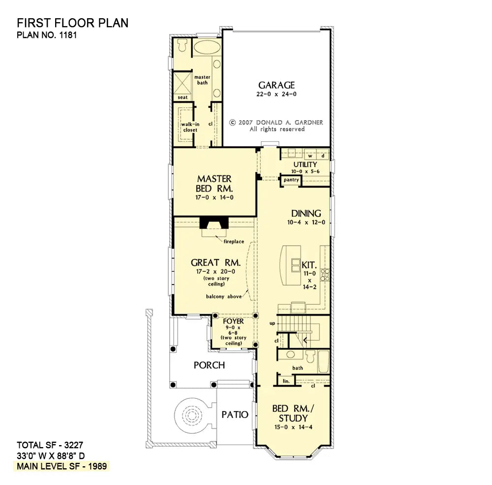 This is the first floor plan image for narrow lot house plan 1181 The Durham