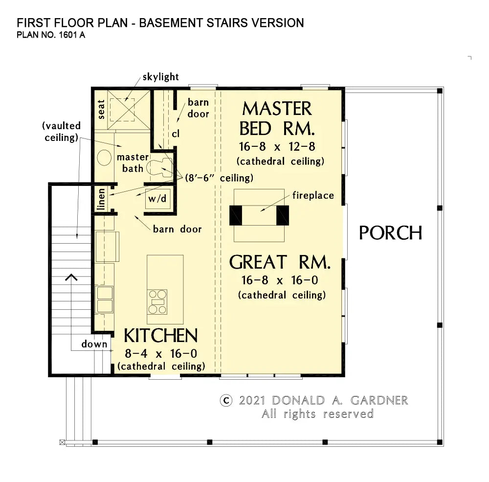 This is the first floor plan image for simple house plan 1601 The Dwight if the home is built over a basement