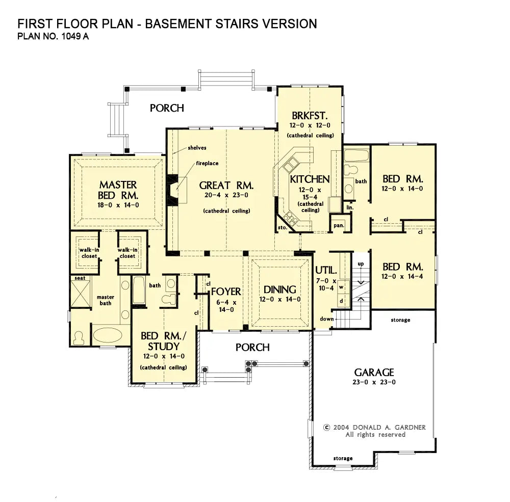 This is the first floor plan image for ranch house plan 1049 The East Haven if the home is built over a basement