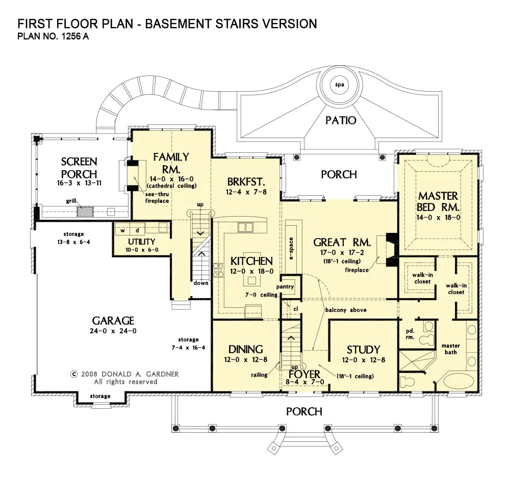 This is the first floor plan image for brick house plan 1256 The Eastlake if the home is built over a basement