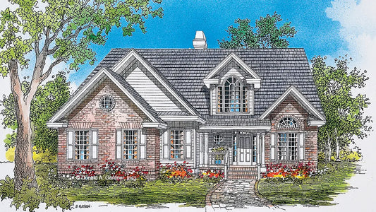 Front view illustration of a two story home. The Eastover plan 466.