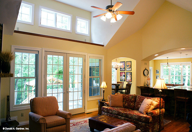 Cathedral ceiling in the living room. The Edelweiss plan 1013.