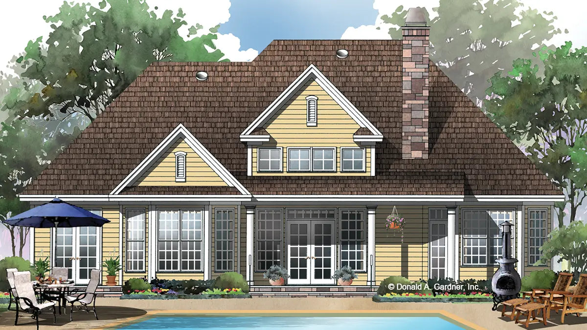 Rear view illustration covered patio. The Edelweiss plan 1013.