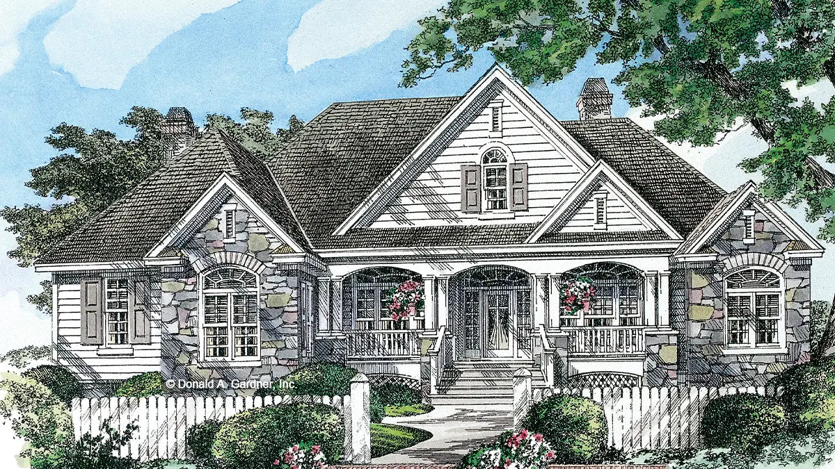 This is an illustration of the front of four bedroom house plan 1009 The Edgewater