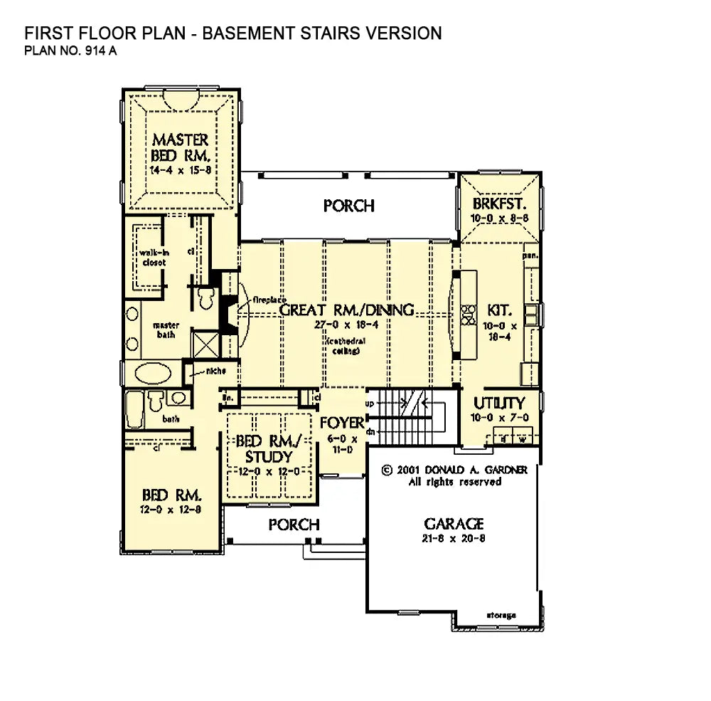 This is the first floor plan image for three bedroom house plan 914 The Edinburgh if the home is built over a basement