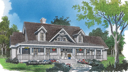 This is a front view illustration of a farmhouse with a extended front porch. The Edisto plan 764.