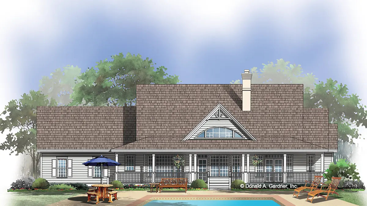 This is a rear view illustration with a porch. The Edisto plan 764.