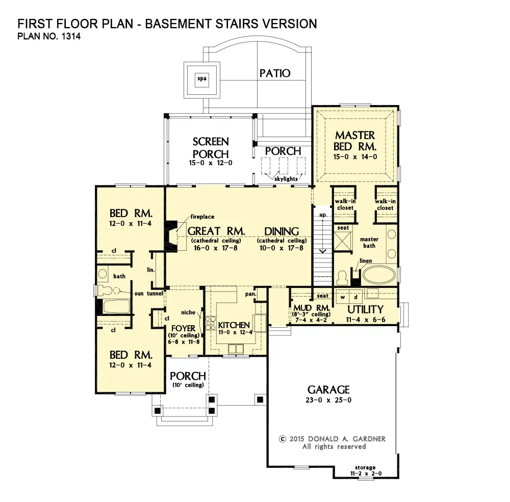 This is the first floor plan image for three bedroom house plan 1314 The Eleanor if the home is built over a basement