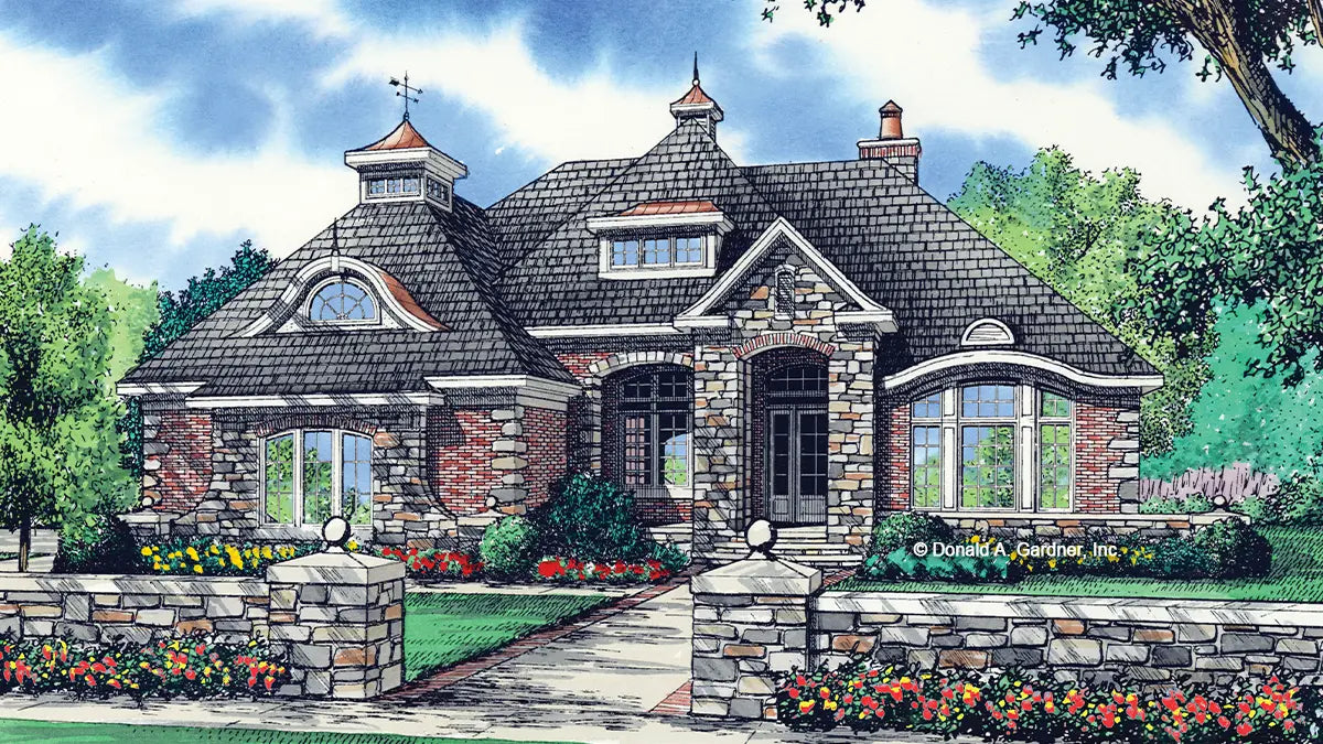 Front view illustration brick and stone home with an eyebrow dormer. The Eliana plan 1362.