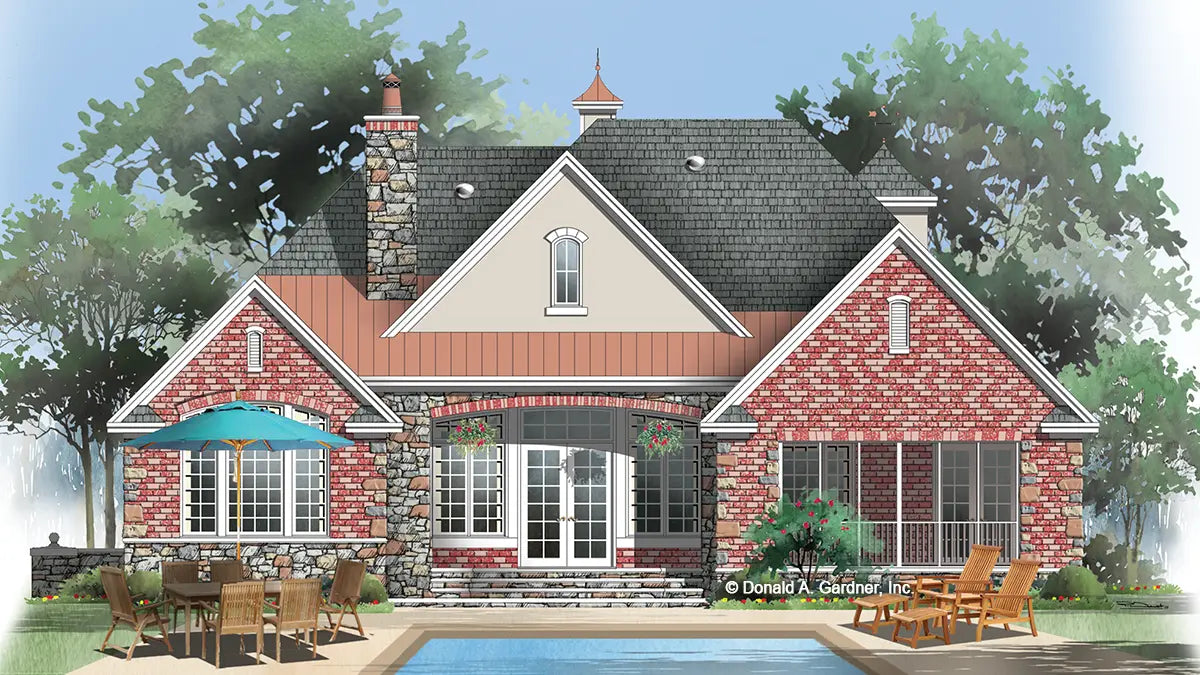 Rear view illustration with a screened in porch. The Eliana plan 1362.