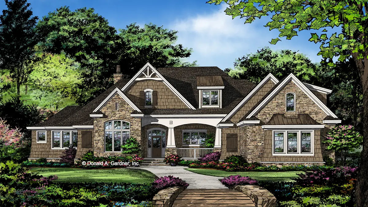 This is an illustration of the front of two story house plan 1410 The Elise