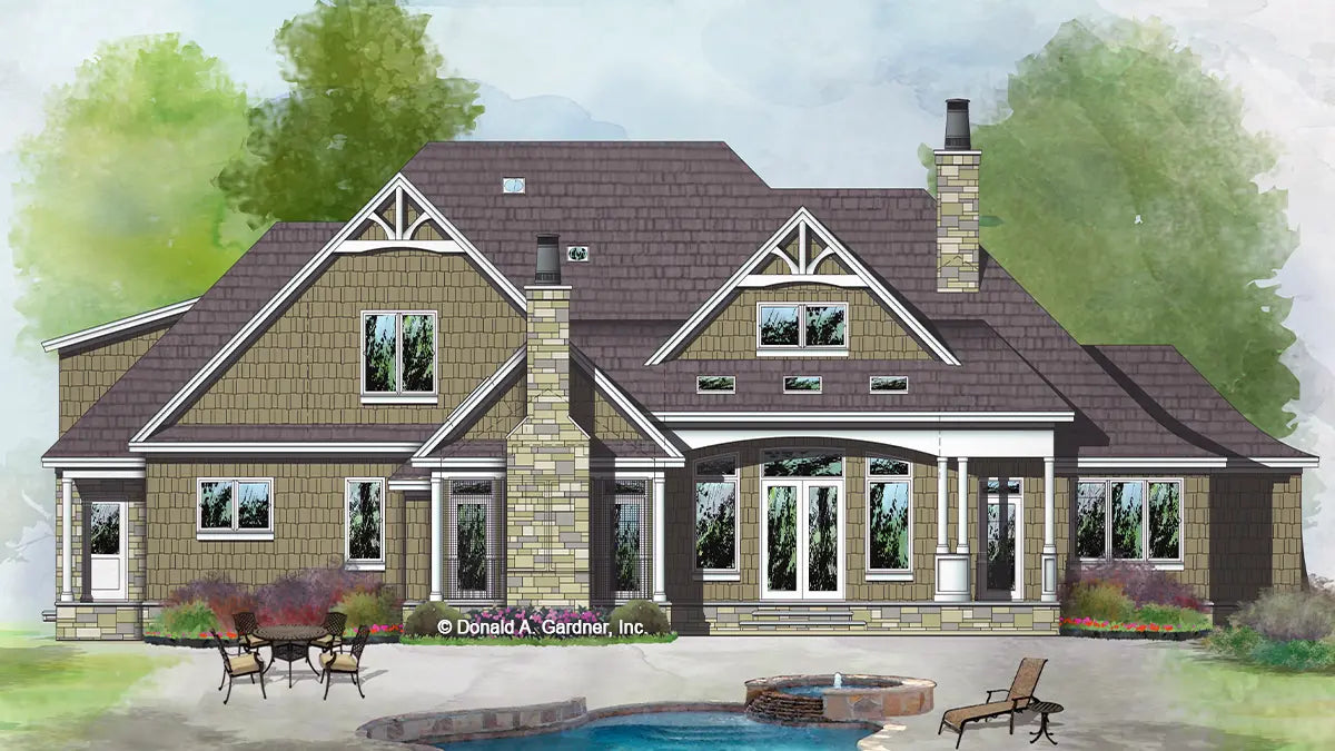 This is an illustration of the rear of craftsman house plan 1410 The Elise