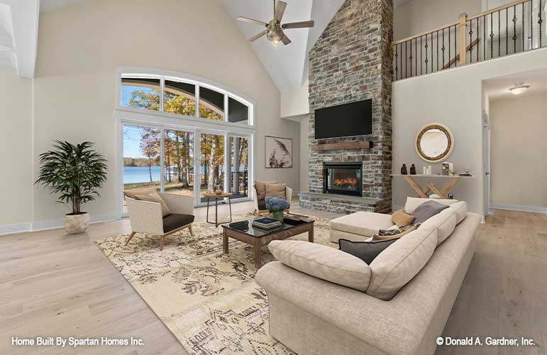 Floor to ceiling stone fireplace in the great room. The Ella plan 1344.