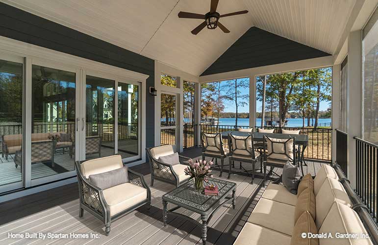 Ceiling fan in the screened in porch. The Ella plan 1344.