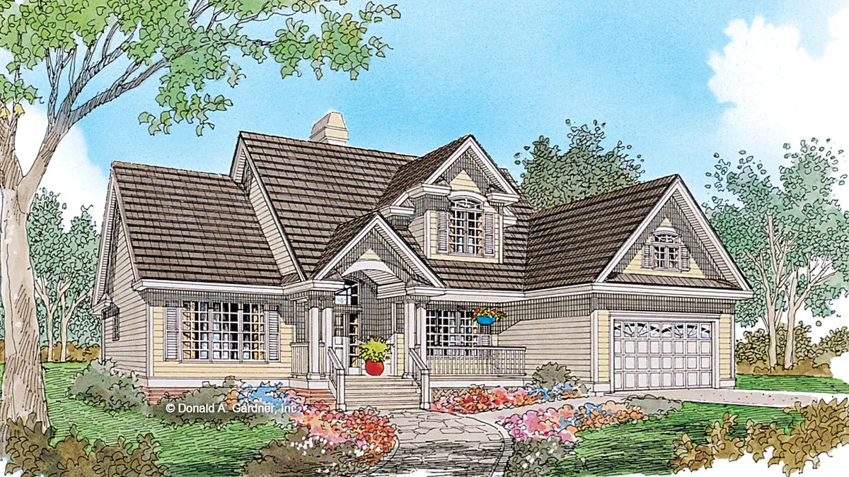 This is an illustration of the front of traditional house plan 886 The Elmhurst