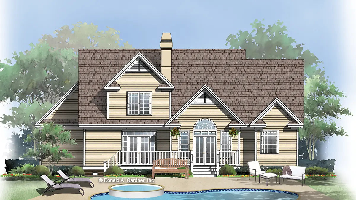 This is an illustration of the rear of two story house plan 886 The Elmhurst