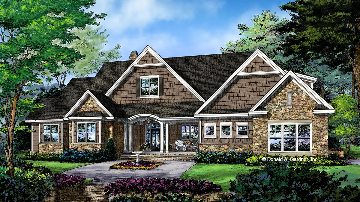 This is an illustration of the front of four bedroom house plan 1402 The Emerson