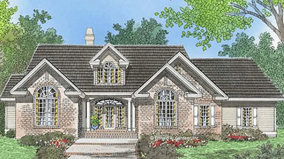 Front view illustration of a brick home. The Emory plan 804.