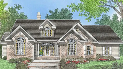 Front view illustration of a brick home. The Emory plan 804.