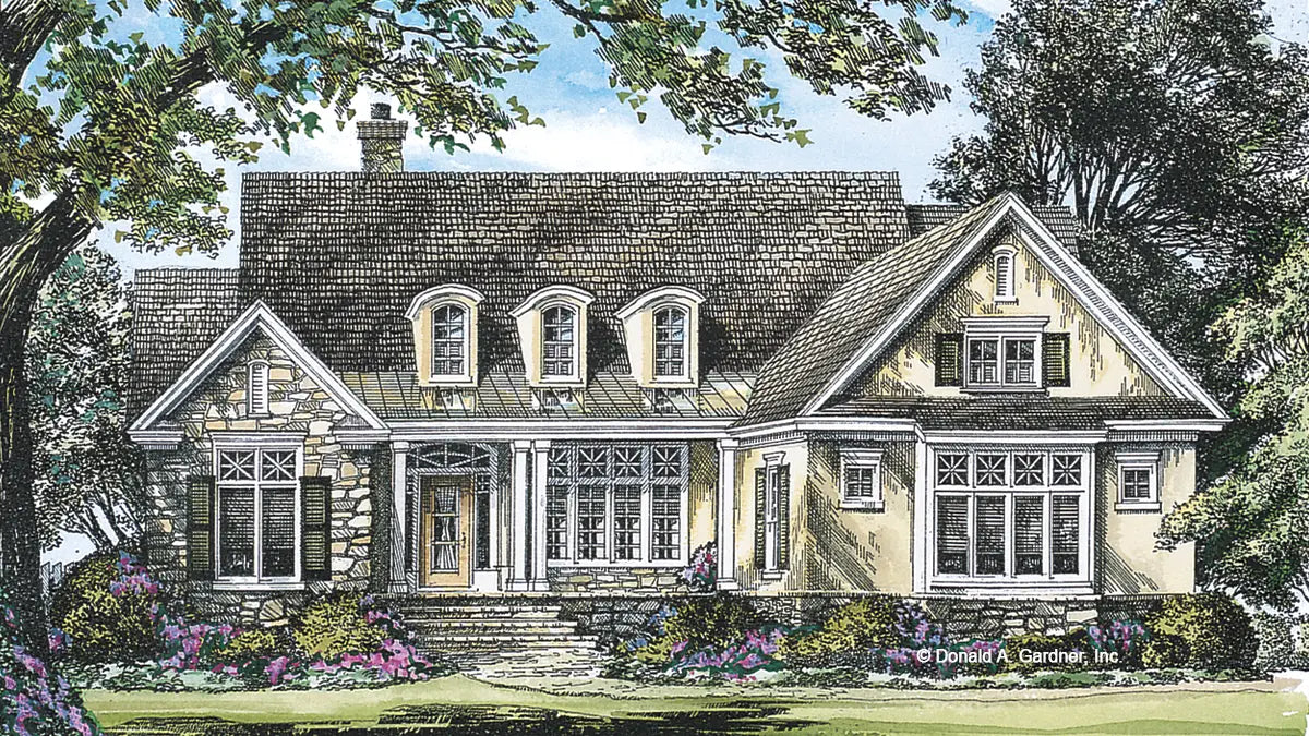 This is an illustration of the front of simple house plan 929 The Englebreit