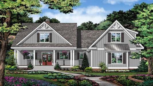 This is an illustration of the front of two story house plan 1521 The Estelle