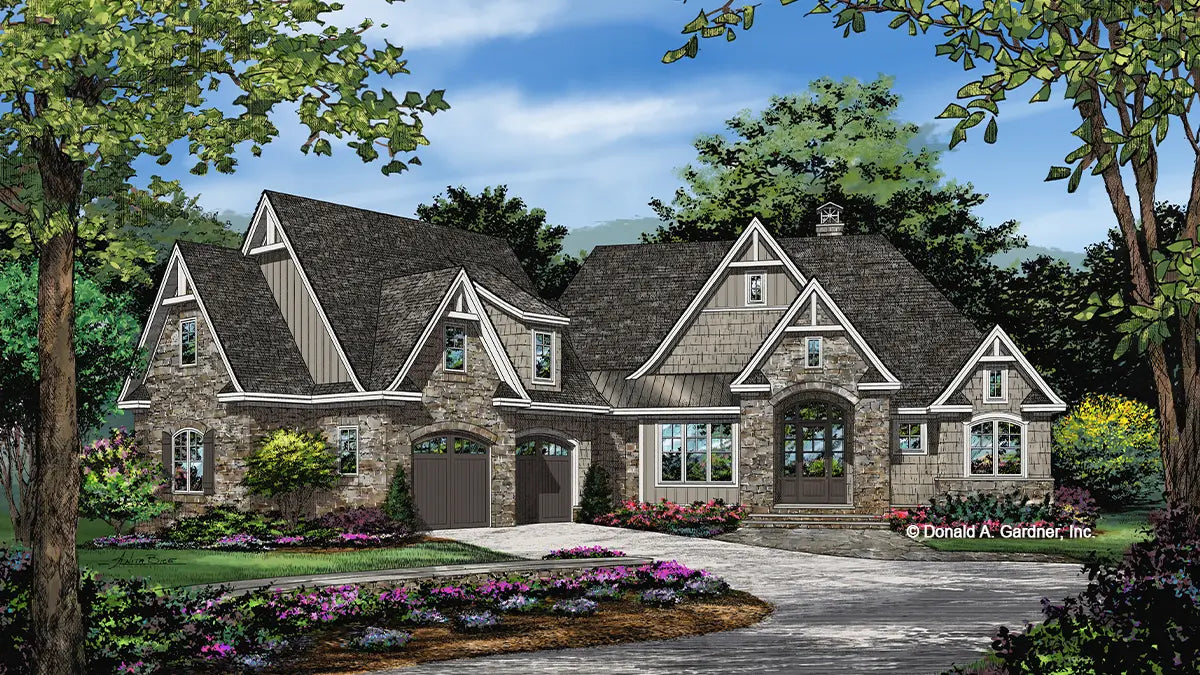 This is an illustration of the front of walkout basement house plan 1445 The Ethan