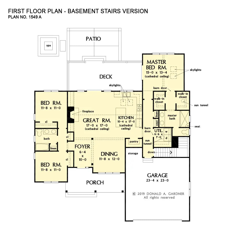 This is the first floor plan image for family house plan 1549 The Eugene if the home is built over a basement