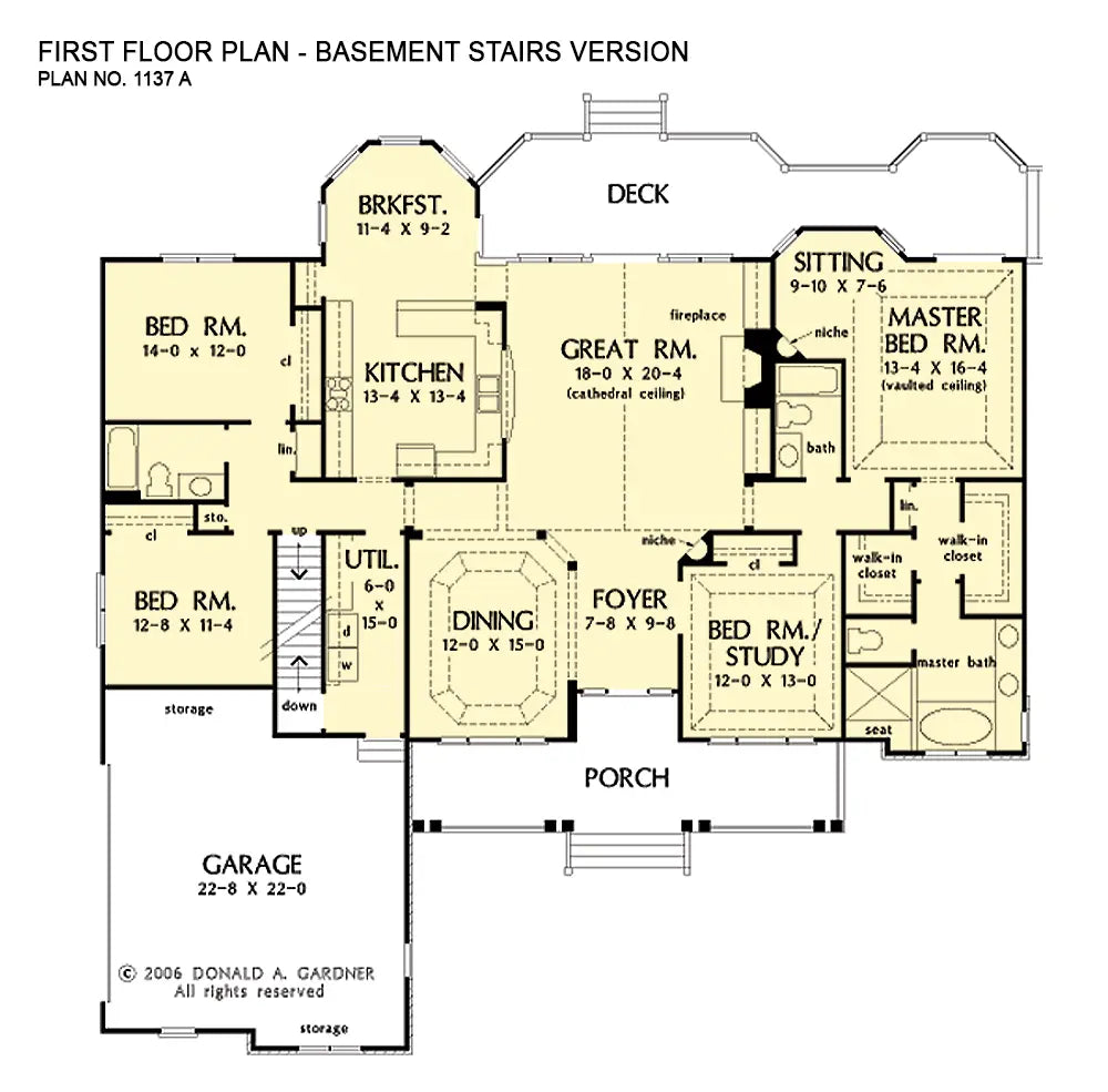 This is the first floor plan image for one story house plan 1137 The Evangeline if the home is built over a basement